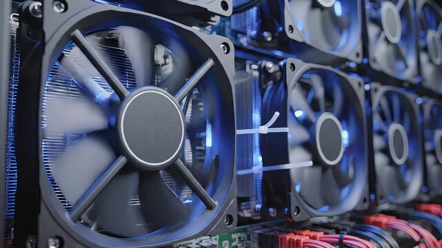 High-performance cooling fans in action showcasing airflow dynamics and mechanical design within a computer hardware setup for efficient thermal management. data center cooling systems.