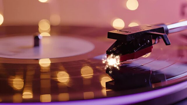 Close-up of turntable needle gliding over vinyl record, capturing sound waves and musical notes in a vibrant, illuminated setting