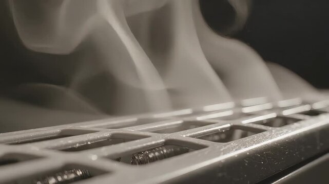 Flowing steam rising from metallic surface with intricate grid pattern showcasing dynamic movement and texture in a close-up view. global warming, air conditioner overheating