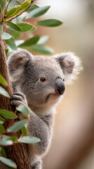 Koala holding branch amidst wind and leaves for nature and wildlife themes