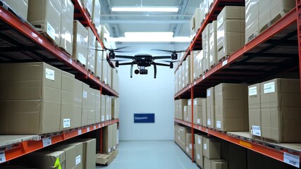Drone navigating through warehouse aisles capturing inventory details with precision, showcasing advanced technology in action and operational efficiency - Powered by Adobe