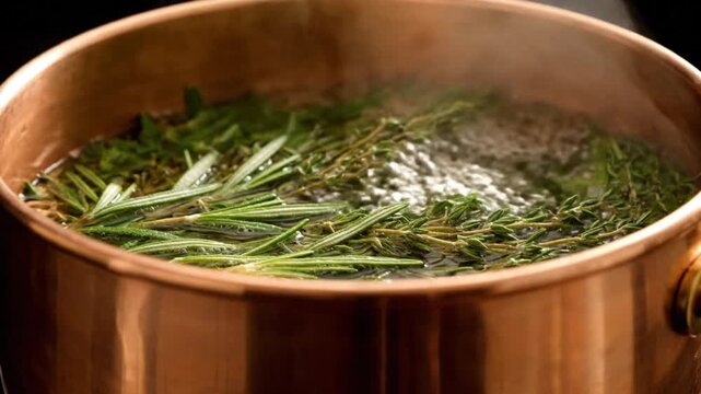 Fresh rosemary and thyme simmering in boiling water in a copper pot