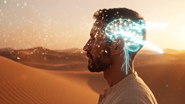 Man in desert with illuminated brain imagery, showcasing progressive visualization of thoughts and ideas in a serene, sunlit environment. Mental health, ADHD