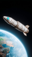 Fototapeta premium Futuristic spaceship orbiting earth with glowing atmosphere in outer space
