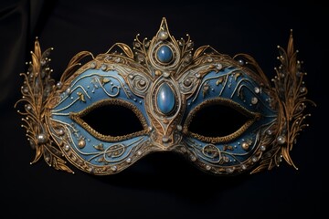 Elaborate masquerade mask featuring intricate filigree, jewels, and rich blue and gold details