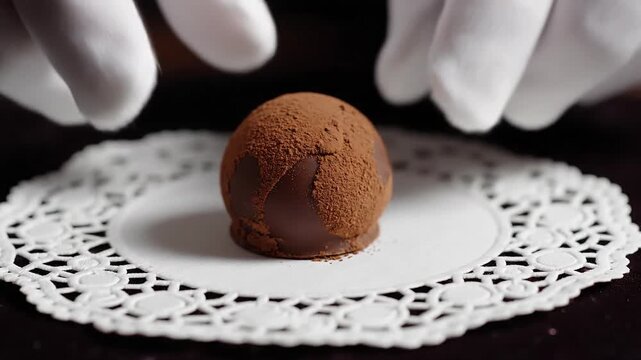 Expert hands delicately present cocoa-dusted chocolate truffle on lace doily