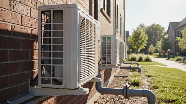 Air conditioning units mounted on exterior wall with visible piping and surrounding greenery showcasing efficient cooling system installation process
