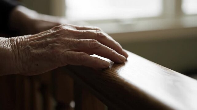 Wrinkled hand of an senior person gently placed on a smooth banister