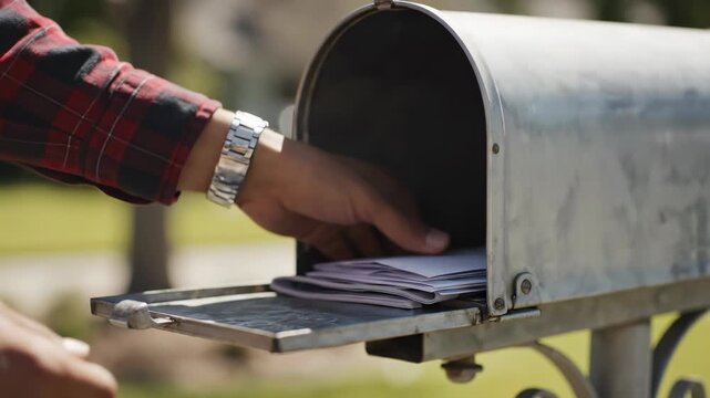 Person reaches into mailbox to take out letters. Setting shows a clean front yard with a clear sky. Concept of mail services, residential life, communication