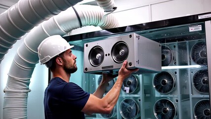 Skilled technician lifting equipment from storage area, carefully positioning it for installation in a controlled environment with visible ventilation system. data center cooling systems. - Powered by Adobe