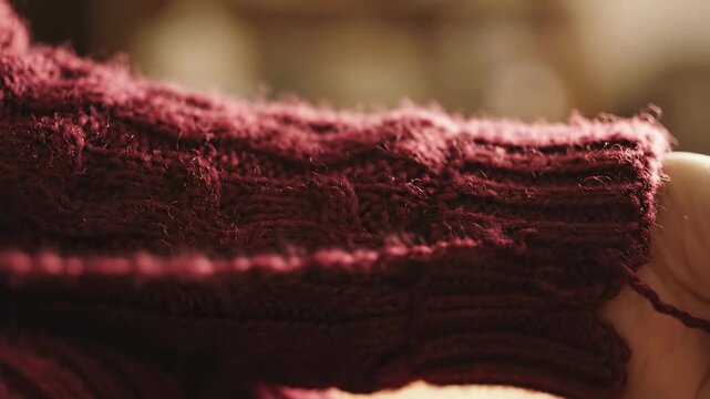Person pulling thread from maroon wool sweater. Indoor setting with soft light and textured background. Concept of fashion, crafting, hobbies