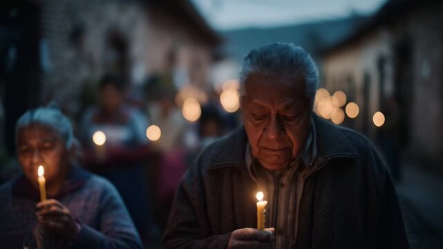 Mexican senior man with candle. Traditional Posadas procession in village. Elderly couple celebrating faith. Festive evening atmosphere. Cultural heritage, Mexico. Warm light, devotion, community.