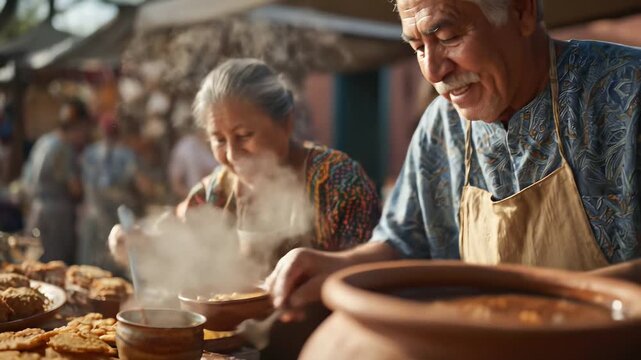 Smiling senior woman serving ponche. Traditional Mexican street food stall with bu&ntilde;uelos. Warm atmosphere, cultural experience, delicious treats. Authentic market scene, elderly couple.