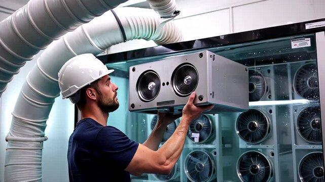 Skilled technician lifting equipment from storage area, carefully positioning it for installation in a controlled environment with visible ventilation system. data center cooling systems.
