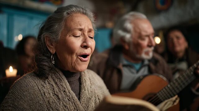 Joyful senior woman leads traditional Mexican villancicos singing with husband on guitar. Festive gathering, warm atmosphere, cultural celebration. Elderly couple sharing music.