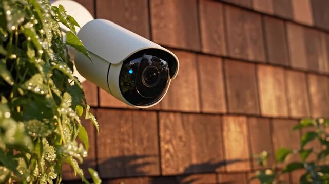 Security camera installed on a house exterior with green foliage and wooden shingles.