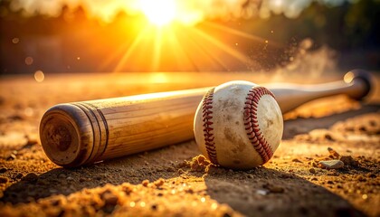 夕暮れのグラウンドに置かれたバットとボールが静かな試合前を想起させる