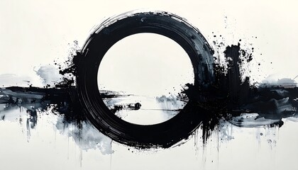 墨が円を描いた大胆な筆致が精神性と余白を強調する抽象表現