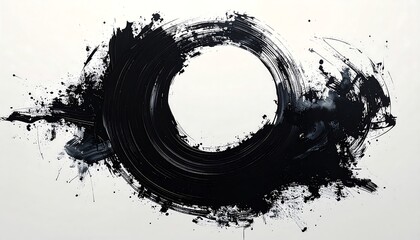 荒々しい墨の円形が力と静寂を併せ持つ抽象的世界観を示す構図