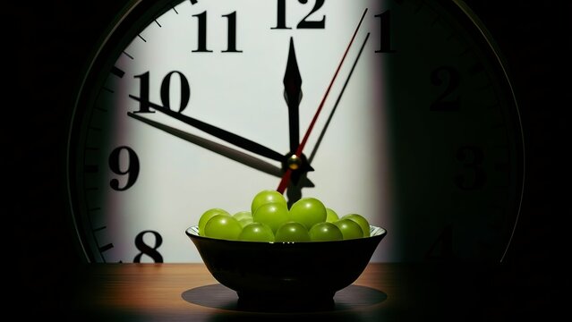 Las Doce Uvas de la Suerte 12 grapes New Year's Eve Green grapes in a dark bowl set against a large clock face showing midnight or noon, symbolizing time, deadlines, or celebration schedules.