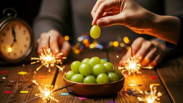Las Doce Uvas de la Suerte Twelve grapes New Year's Eve Green grapes tradition in spain eating twelve grapes at midnight for good luck, with sparklers and an alarm clock in the background.