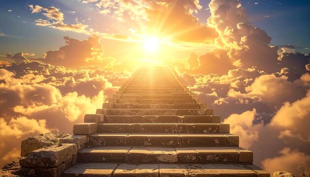 雲の中へ続く階段が希望や成功への道を象徴的に表現する幻想的風景