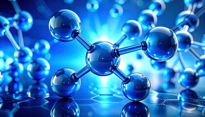青く輝く分子構造が連なり科学技術の世界を想起させる表現
