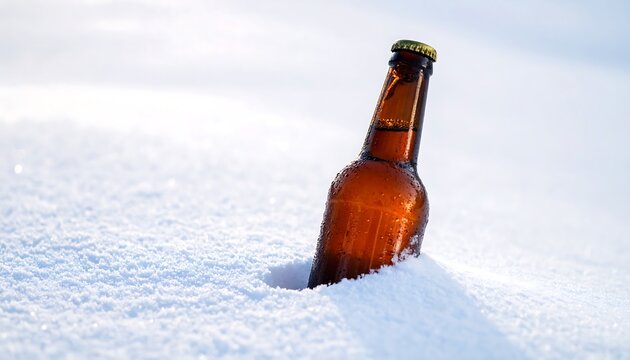 白い雪に埋もれるように立つ瓶が静寂と寒さを伝える構図