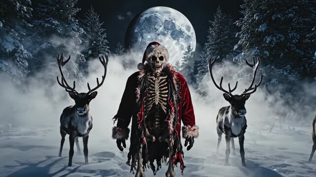 Santa transforming into a frightening skeleton in a snowy forest scene with reindeer for a mystical Krampus Halloween concept
