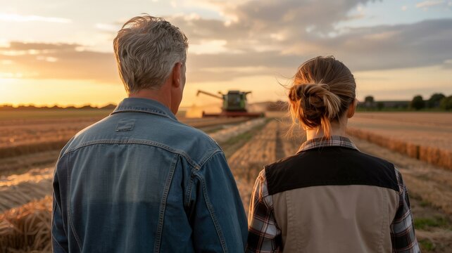 Rear view of two farmers watching combine harvester at sunset