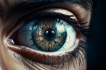 Human eye showing advanced integrated circuit patterns within the iris