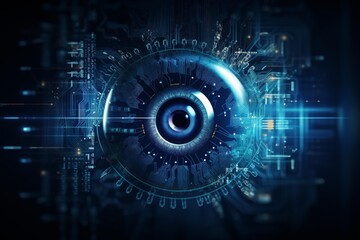 Cyber digital eye with circuit board patterns representing artificial intelligence and advanced technology