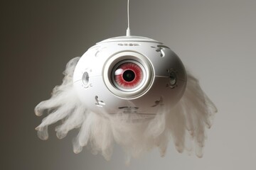 White spherical robot drone with a red eye observing, creating smoky vapor