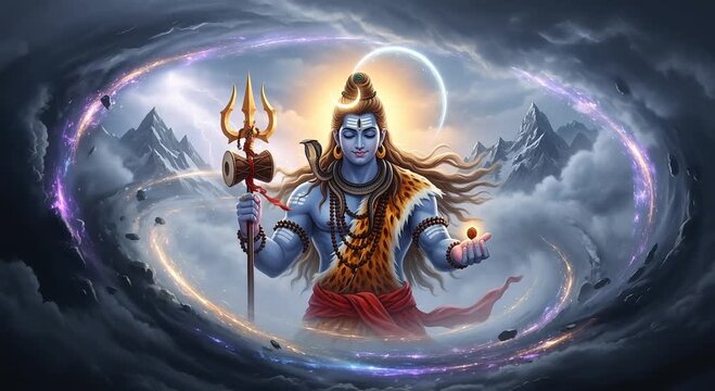 Cosmic Lord Shiva Holding Trishul and Divine Energy Amid Himalayan Storm
