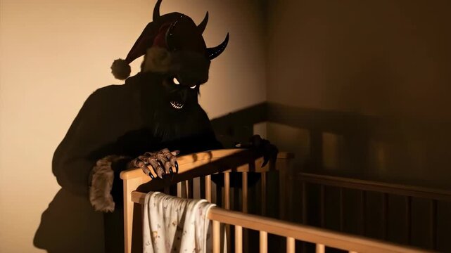 Spooky mythical horned monster Krampus shadow on wall looming over baby crib while peering over it. Eerie holiday lore for fear concept.