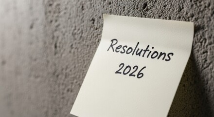 Handwritten Resolutions 2026 text on a sticky note attached to a concrete wall close up.