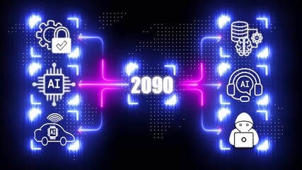 2090 big data modern neon network privacy robot bank business, digital, document finance abstract agreement ai, analysis global network for 2090 years motion MAP graphics video.