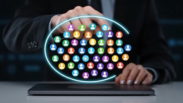 Marketer selecting a target audience from a large group with a holographic interface, showing customer segmentation