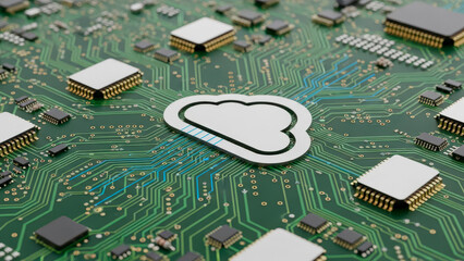 Cloud computing symbol on green circuit board