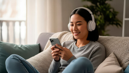 Obraz premium Asian woman relaxing on sofa listening to music