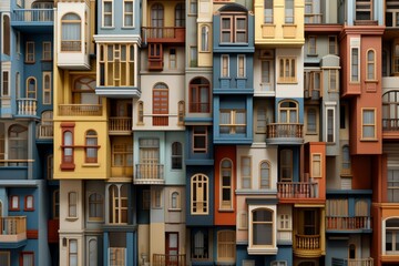 Obraz premium Diverse building facades creating a vibrant abstract pattern with windows and balconies