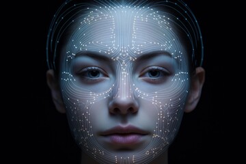 Woman's face with illuminated circuit lines representing ai, data, and facial recognition