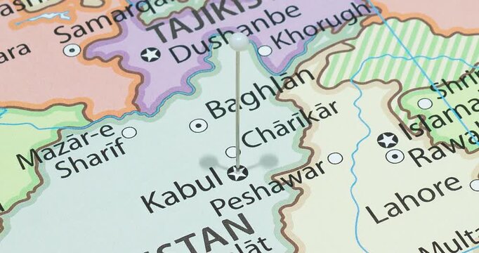 A zoom out of a white pin into kabul city of afghanistan political map