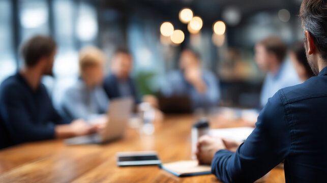 Faceless group of young creative business brainstorm meeting heavily defocused office background anonymous team discussing roadmap to product launch planning strategy business