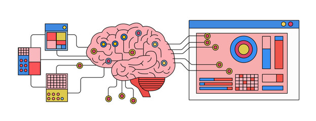 Human brain wired to input data grids and outputting to a dashboard screen with charts and graphs in soft pastel colors. Conceptual vector illustration for artificial intelligence, machine learning.