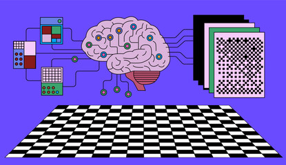 Brain connected by colorful nodes and wires to input data panels and layered output screens with patterns. Conceptual vector illustration for artificial intelligence, neural networks, deep learning.