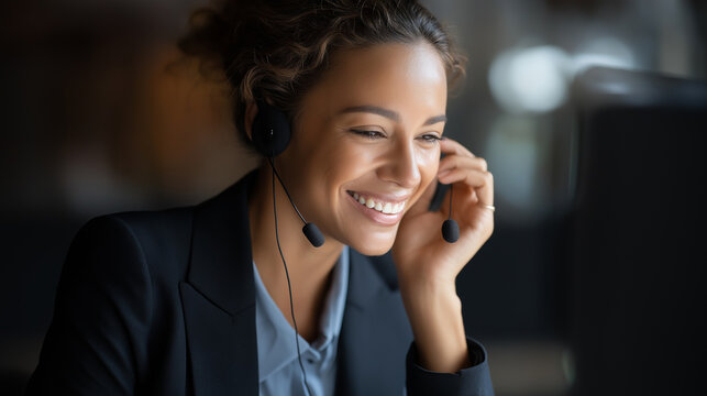 Faceless portrait of smiling businesswoman operator heavily defocused background anonymous professional speaking with client via headset computer call center contact help - Powered by Adobe