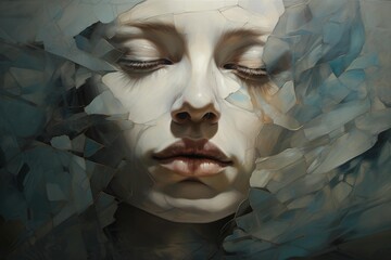 Woman's face depicting fragility and serenity through shattered blue abstract painting fragments