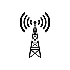 A simple black and white illustration of a radio tower with signal waves silhouette