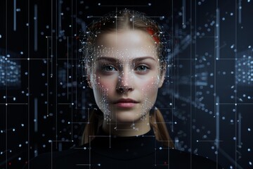 Woman's face overlaid with biometric data representing facial recognition technology